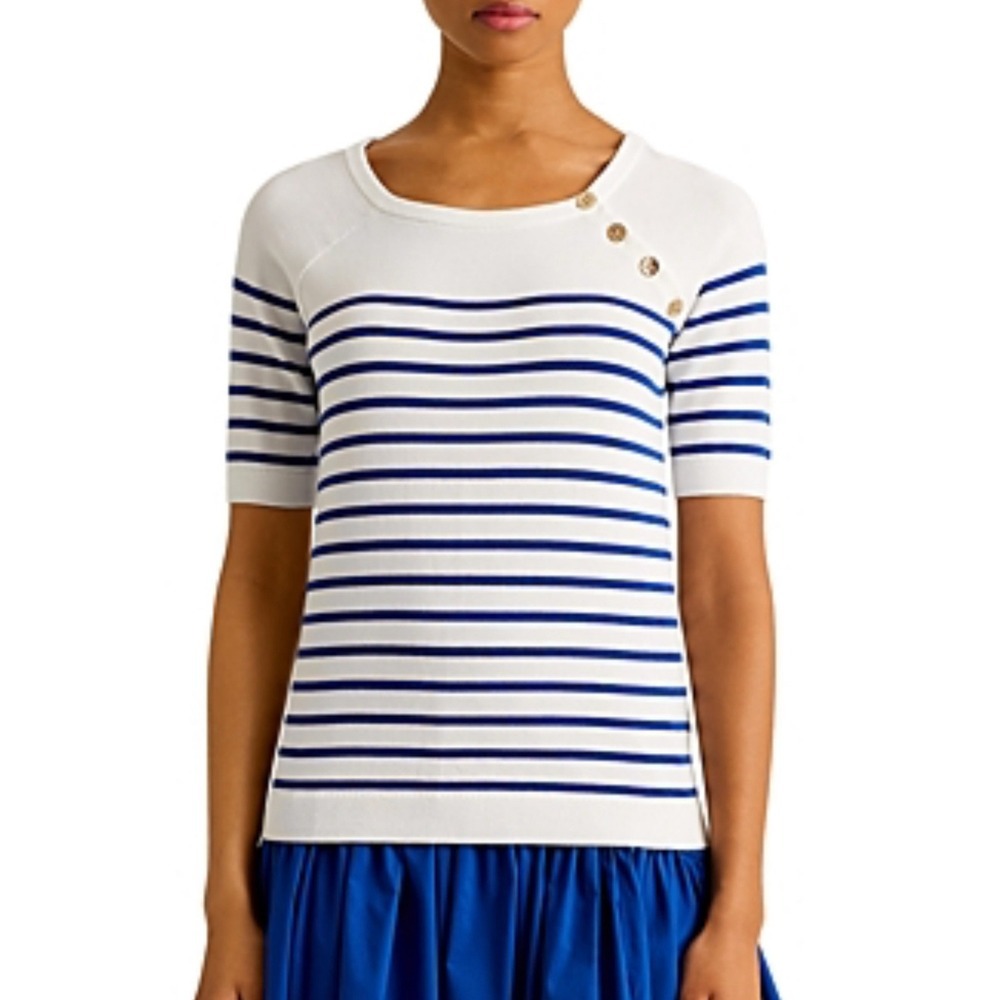 Lauren Ralph Lauren Black Label Striped Elbow Sleeve Sweater in White & Blue XL